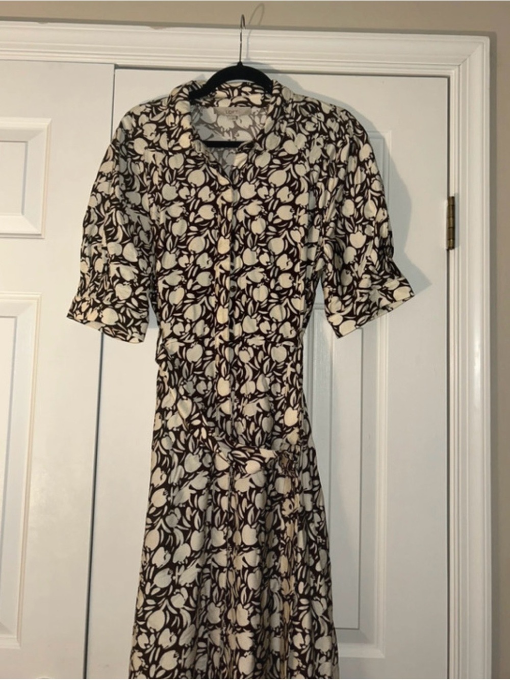 LOFT Brown and Cream Floral Midi Button-Front Dress